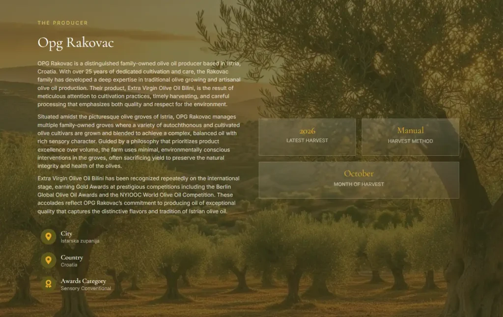 Kurze Vorstellung des Familienbetriebs Rakovac auf der Website der Berlin Global Olive Oil Awards Berlin GOOA 2026
